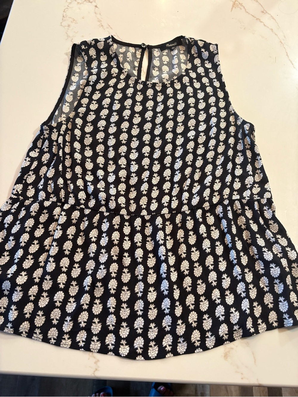 Madewell Black Sleeveless Peplum Tank with White Floral Print